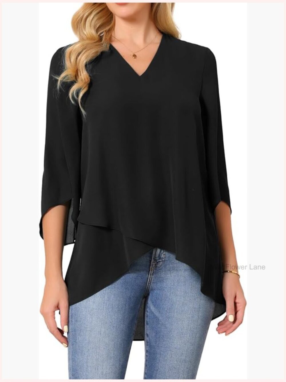 Womens High Low Bell Sleeve V Neck Chiffon Blouse Dressy Casual